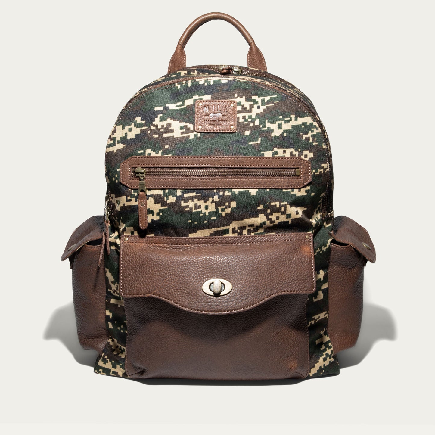 Canvas & Leather Backpack in digital camo with brown leather trim and Will Leather Goods patch on Tampa Home & Garden Store