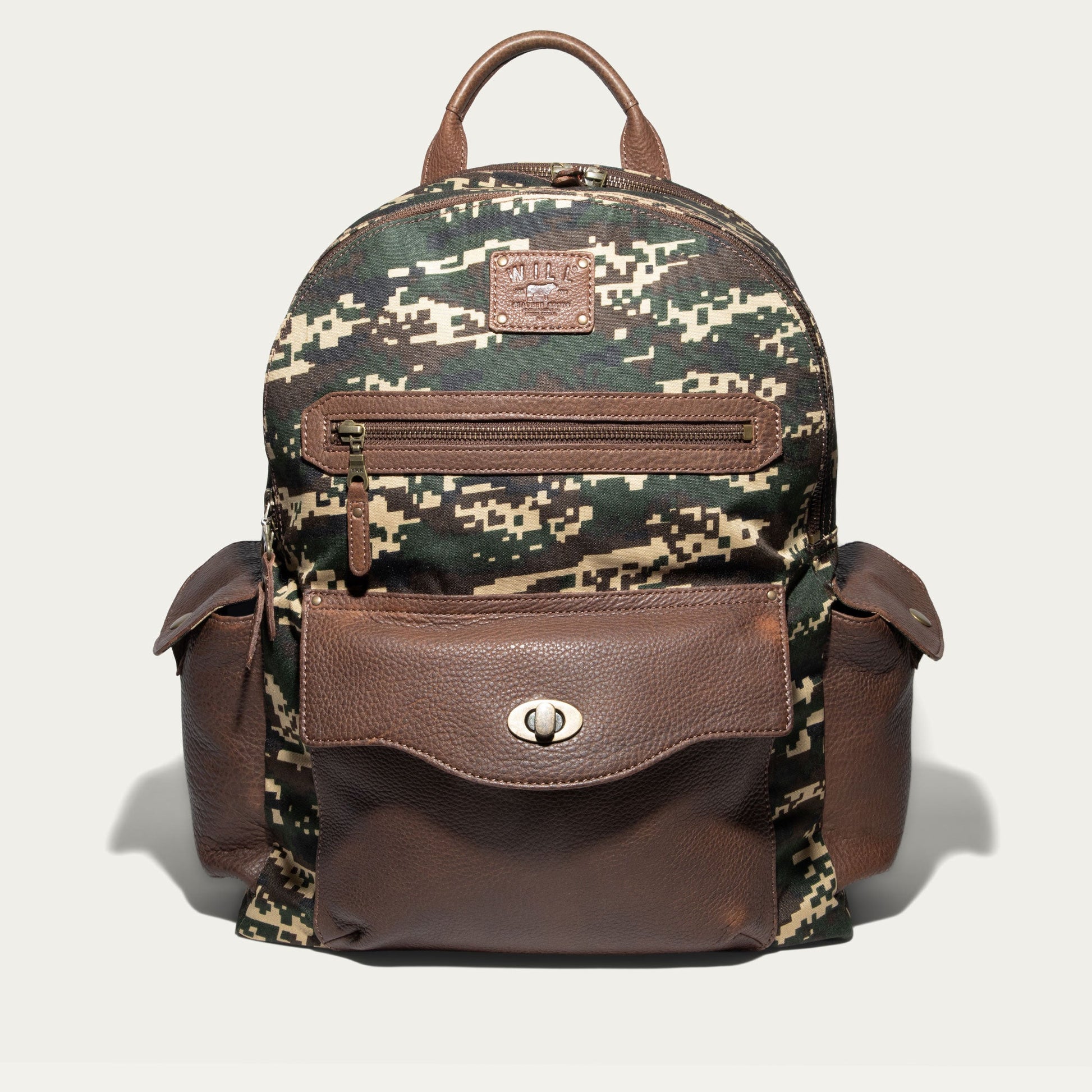 Canvas & Leather Backpack in digital camo with brown leather trim and Will Leather Goods patch on Tampa Home & Garden Store