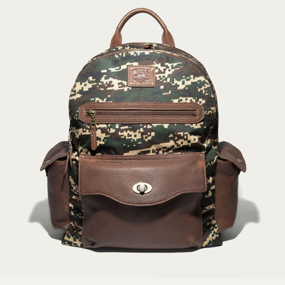 Canvas & Leather Backpack in digital camo with brown leather trim and Will Leather Goods patch on Tampa Home & Garden Store