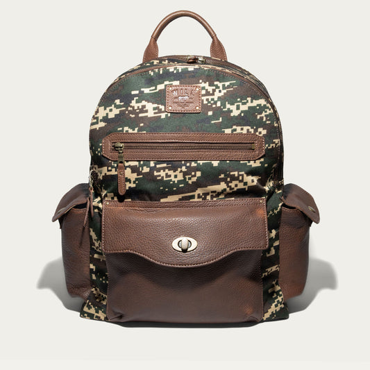 Canvas & Leather Backpack in digital camo with brown leather trim and Will Leather Goods patch on Tampa Home & Garden Store