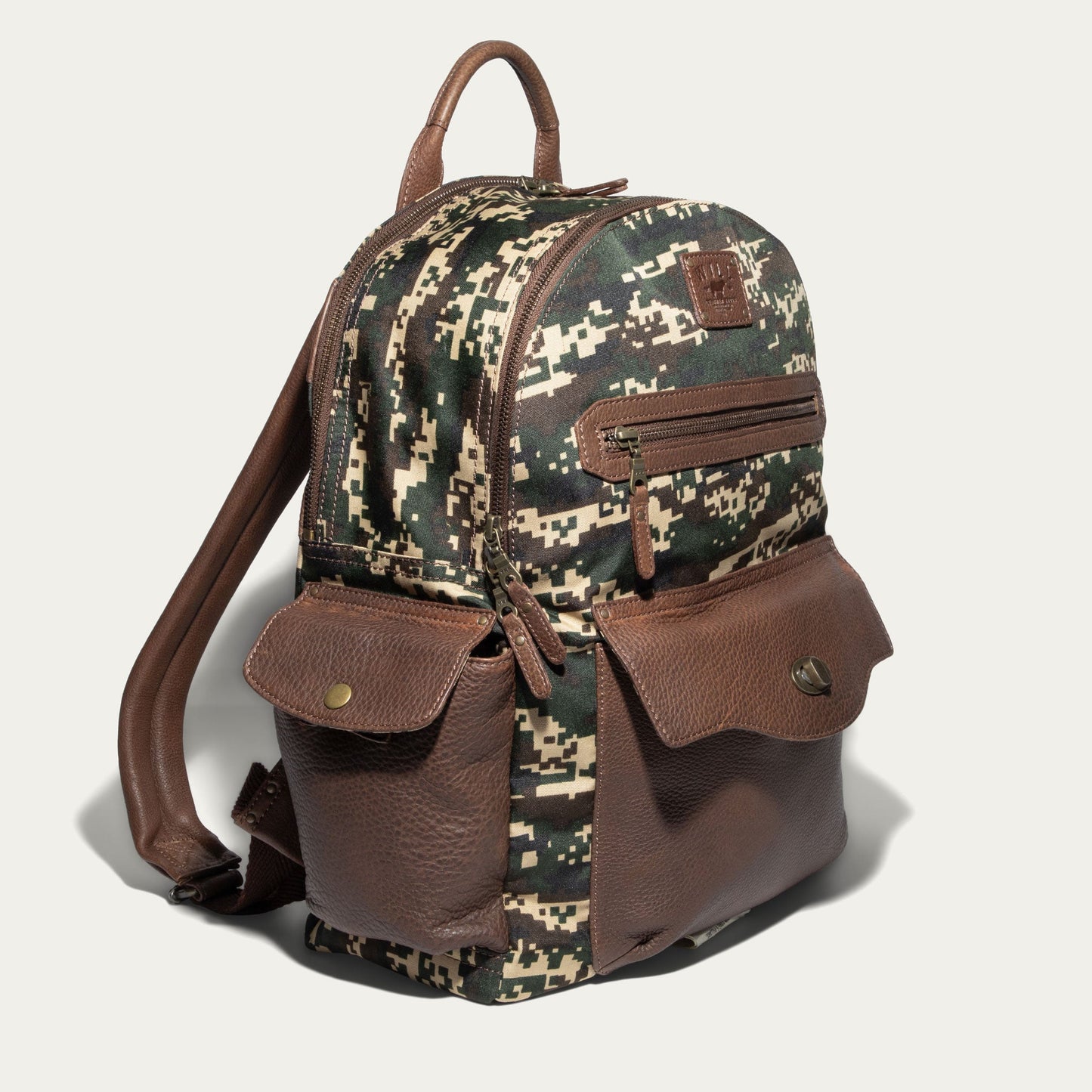 Canvas & Leather Backpack by Will Leather Goods in digital camouflage fabric with brown leather trim on Tampa Home & Garden Store
