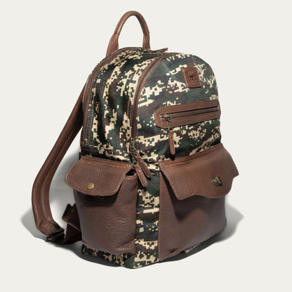 Canvas & Leather Backpack by Will Leather Goods in digital camouflage fabric with brown leather trim on Tampa Home & Garden Store