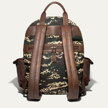 Canvas & Leather Backpack by Will Leather Goods in camo with brown leather straps on Tampa Home & Garden Store