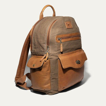 Canvas & Leather Backpack Will Leather Goods with tan leather trim and front zip pockets on Tampa Home & Garden Store