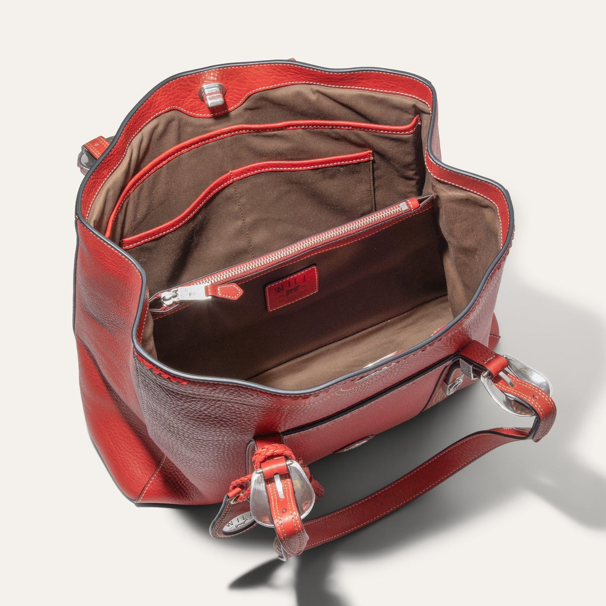 El Paso Work Tote by Will Leather Goods, red leather tote with zippered interior pocket on Tampa Home & Garden Store