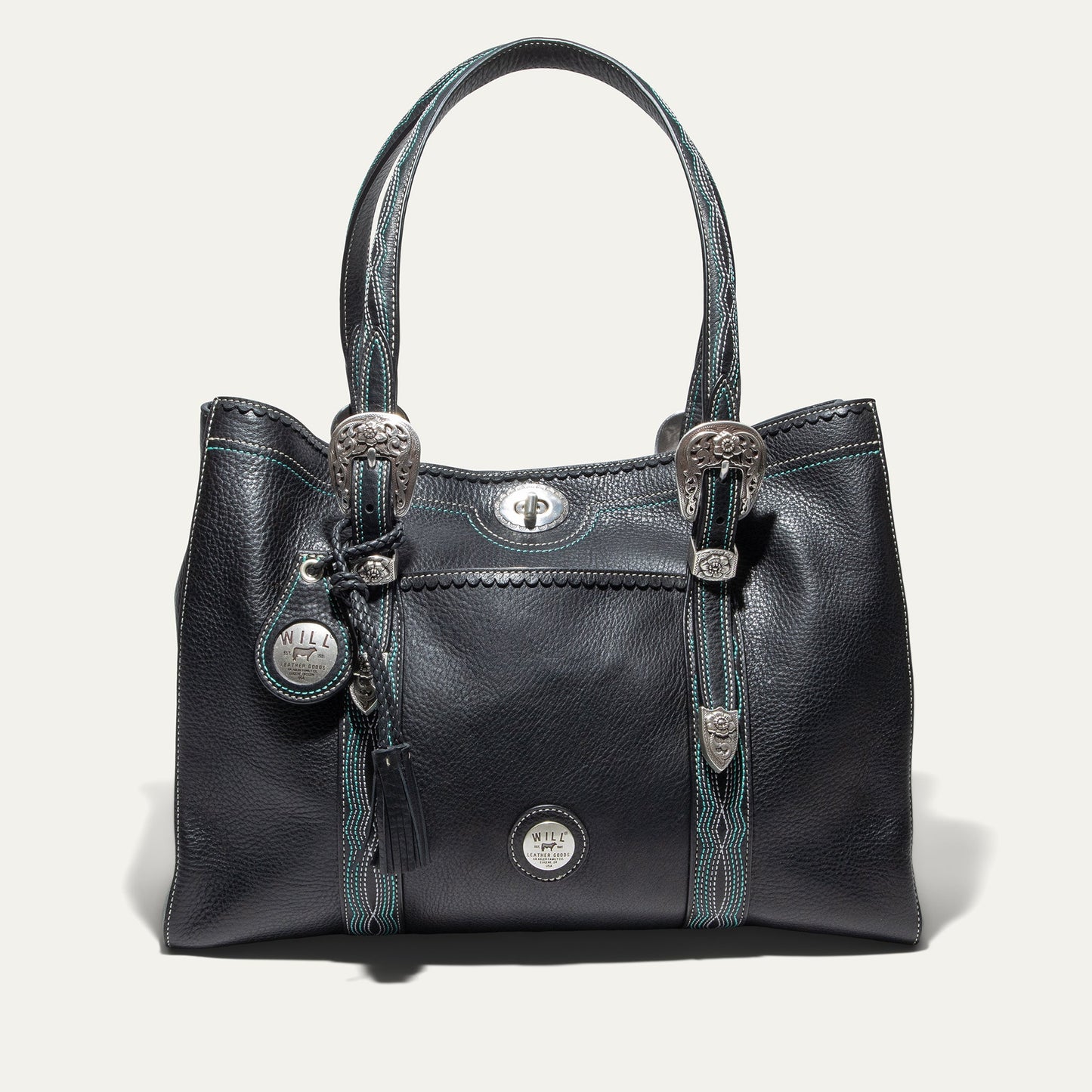 El Paso Work Tote by Will Leather Goods, black leather tote with turquoise stitching and conchos on Tampa Home & Garden Store