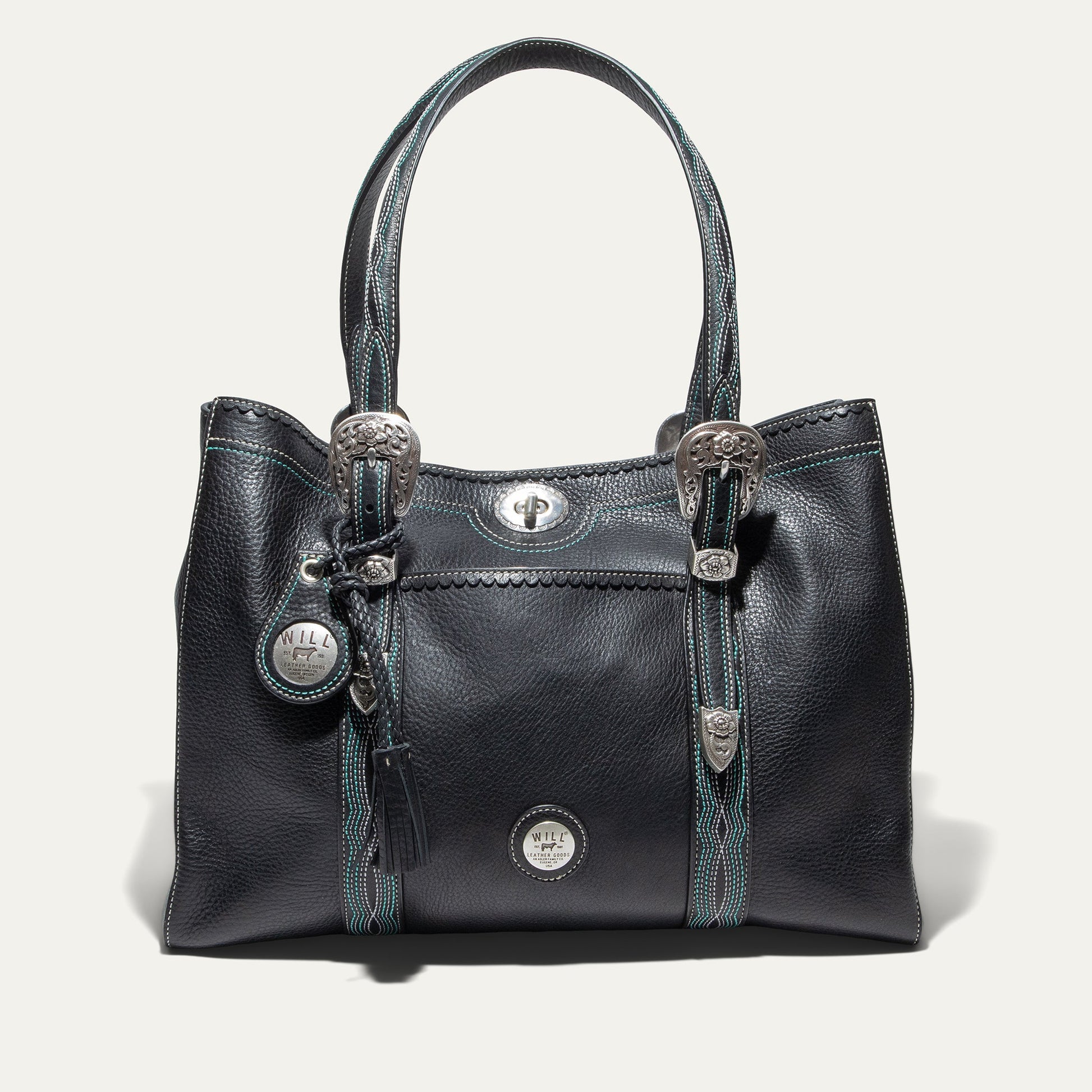 El Paso Work Tote by Will Leather Goods, black leather tote with turquoise stitching and conchos on Tampa Home & Garden Store