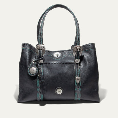 El Paso Work Tote by Will Leather Goods, black leather tote with turquoise stitching and conchos on Tampa Home & Garden Store