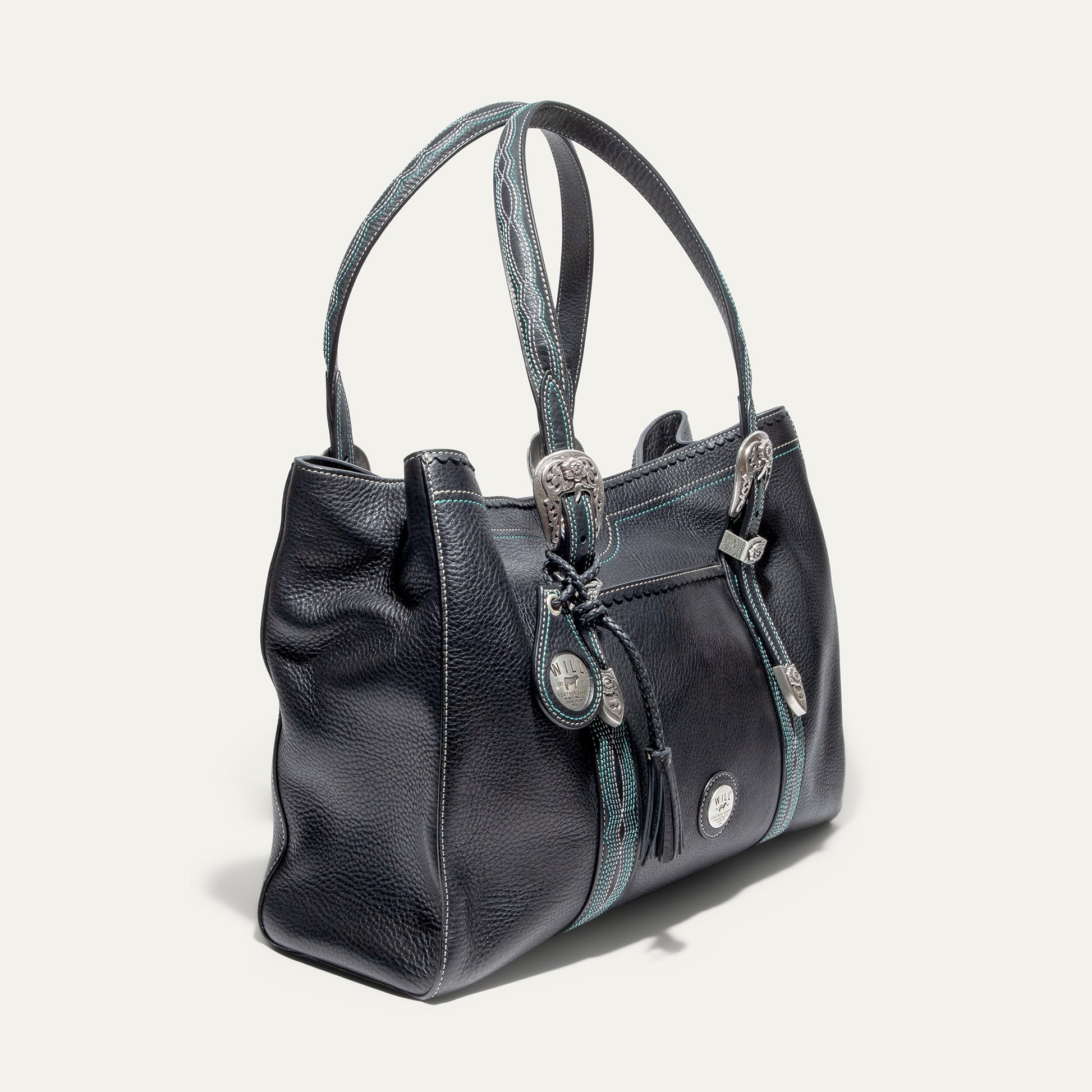 El Paso Work Tote by Will Leather Goods, black leather with teal stitching and silver hardware on Tampa Home & Garden Store