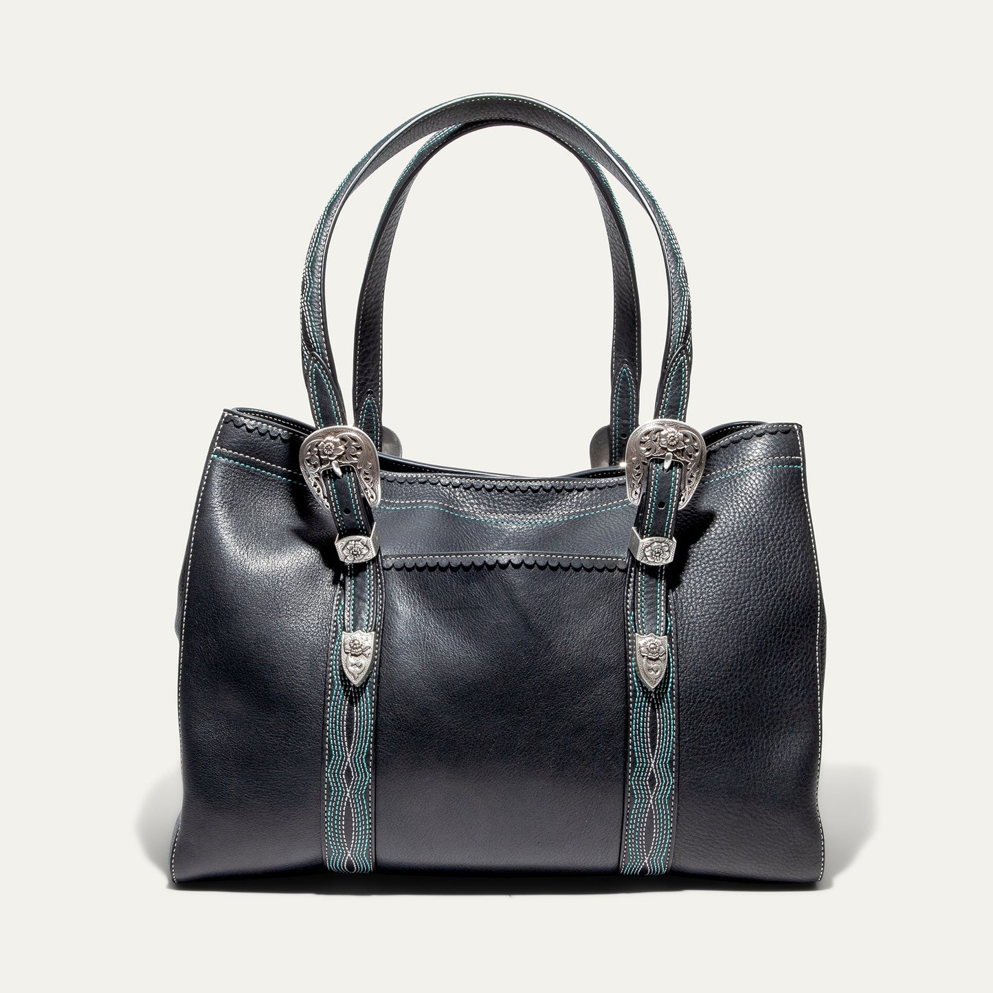 El Paso Work Tote by Will Leather Goods; black leather tote with teal stitching on Tampa Home & Garden Store