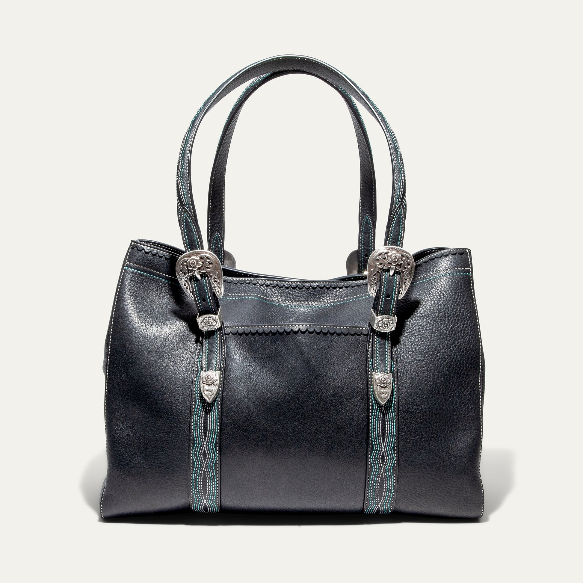 El Paso Work Tote by Will Leather Goods; black leather tote with teal stitching on Tampa Home & Garden Store