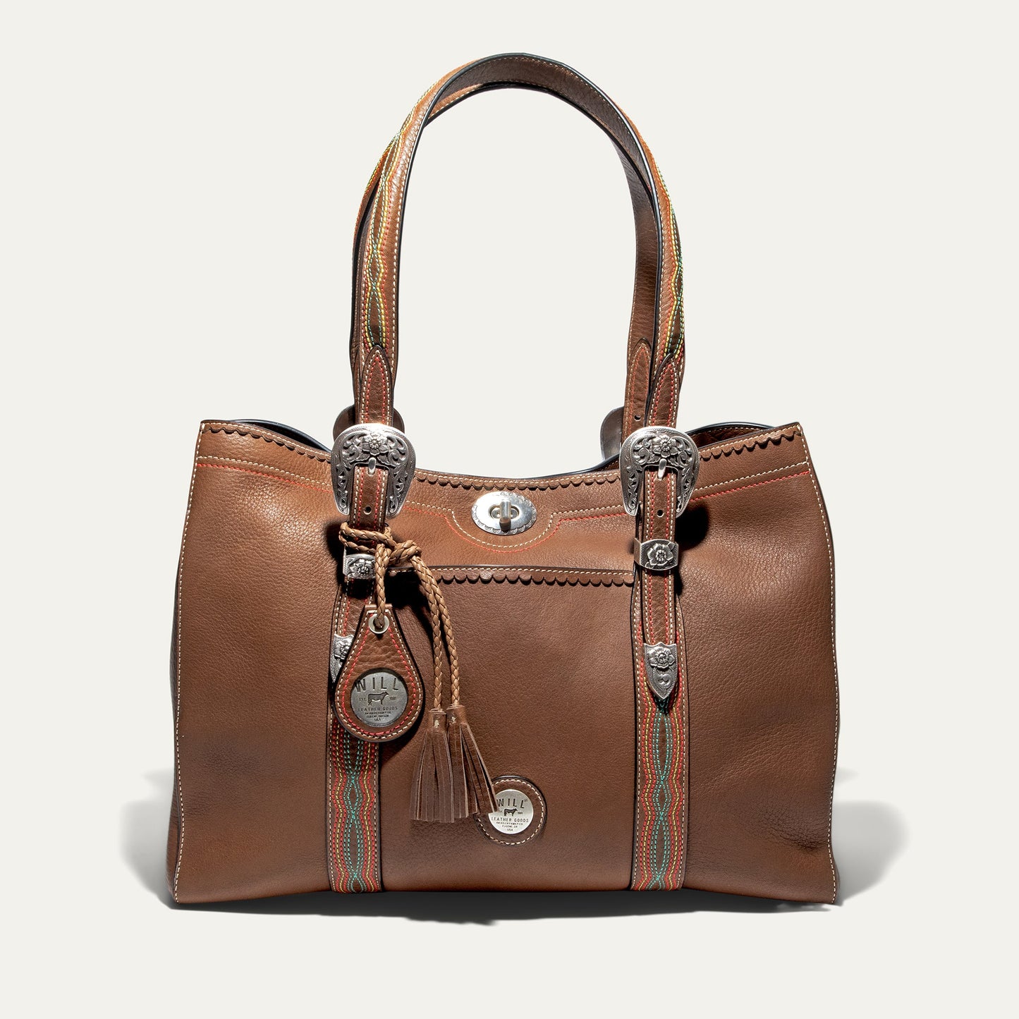 El Paso Work Tote by Will Leather Goods brown leather tote with strap trim on Tampa Home & Garden Store