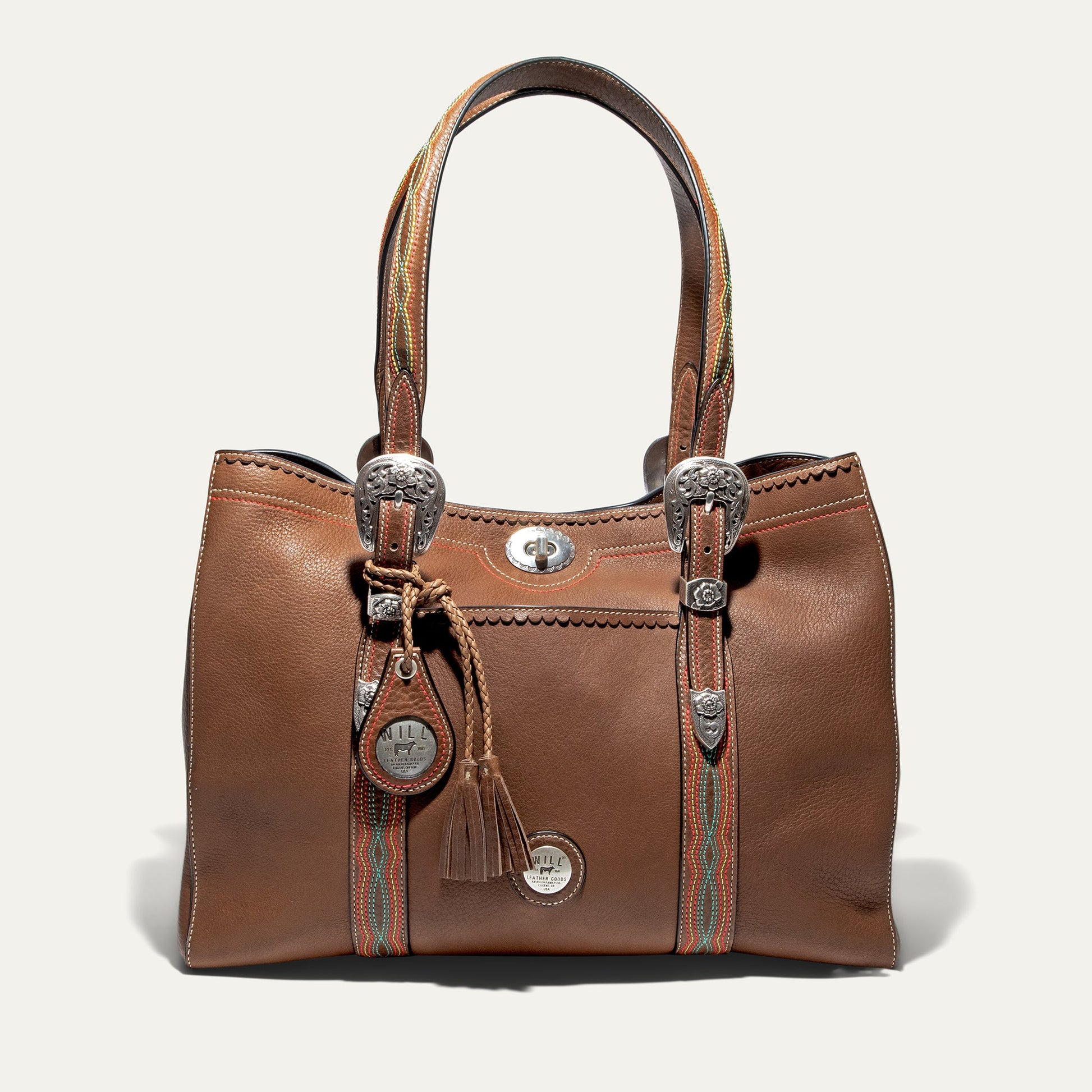 El Paso Work Tote by Will Leather Goods brown leather tote with strap trim on Tampa Home & Garden Store