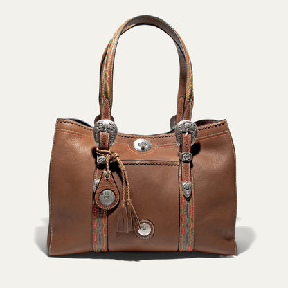 El Paso Work Tote by Will Leather Goods brown leather tote with strap trim on Tampa Home & Garden Store
