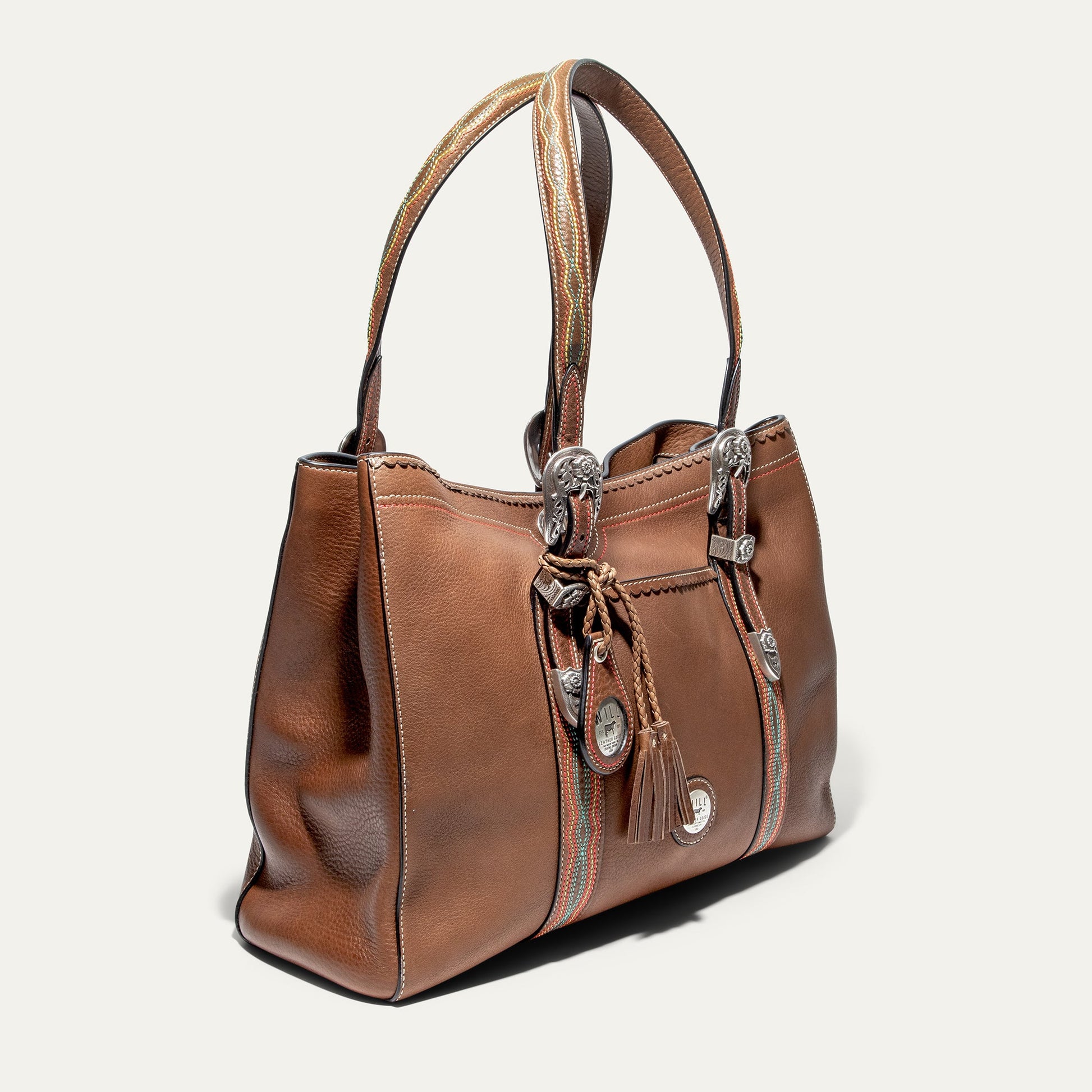 El Paso Work Tote by Will Leather Goods, brown leather tote with braided handles and silver hardware on Tampa Home & Garden Store