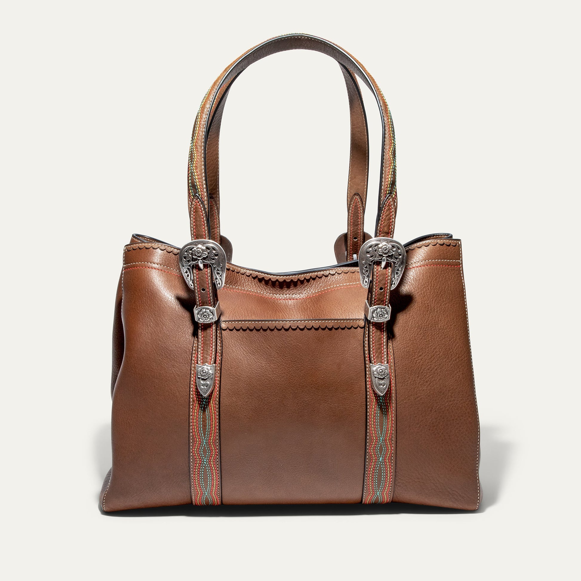 El Paso Work Tote by Will Leather Goods, brown leather tote with straps and silver conchos on Tampa Home & Garden Store