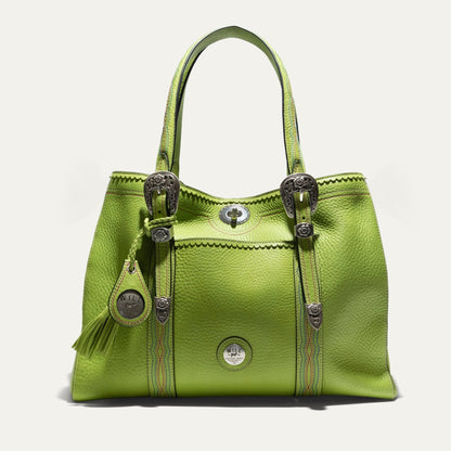 El Paso Work Tote by Will Leather Goods, lime green textured leather with silver buckles on Tampa Home & Garden Store