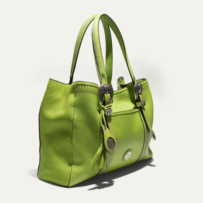 El Paso Work Tote from Will Leather Goods in lime green leather with top handles and buckles on Tampa Home & Garden Store