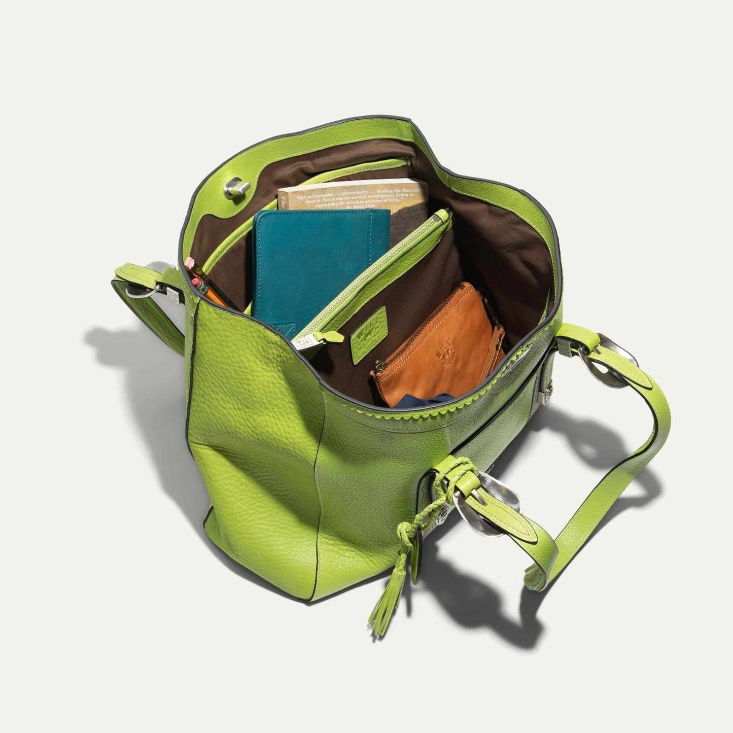 El Paso Work Tote by Will Leather Goods; lime-green exterior, brown interior with blue wallet inside on Tampa Home & Garden Store