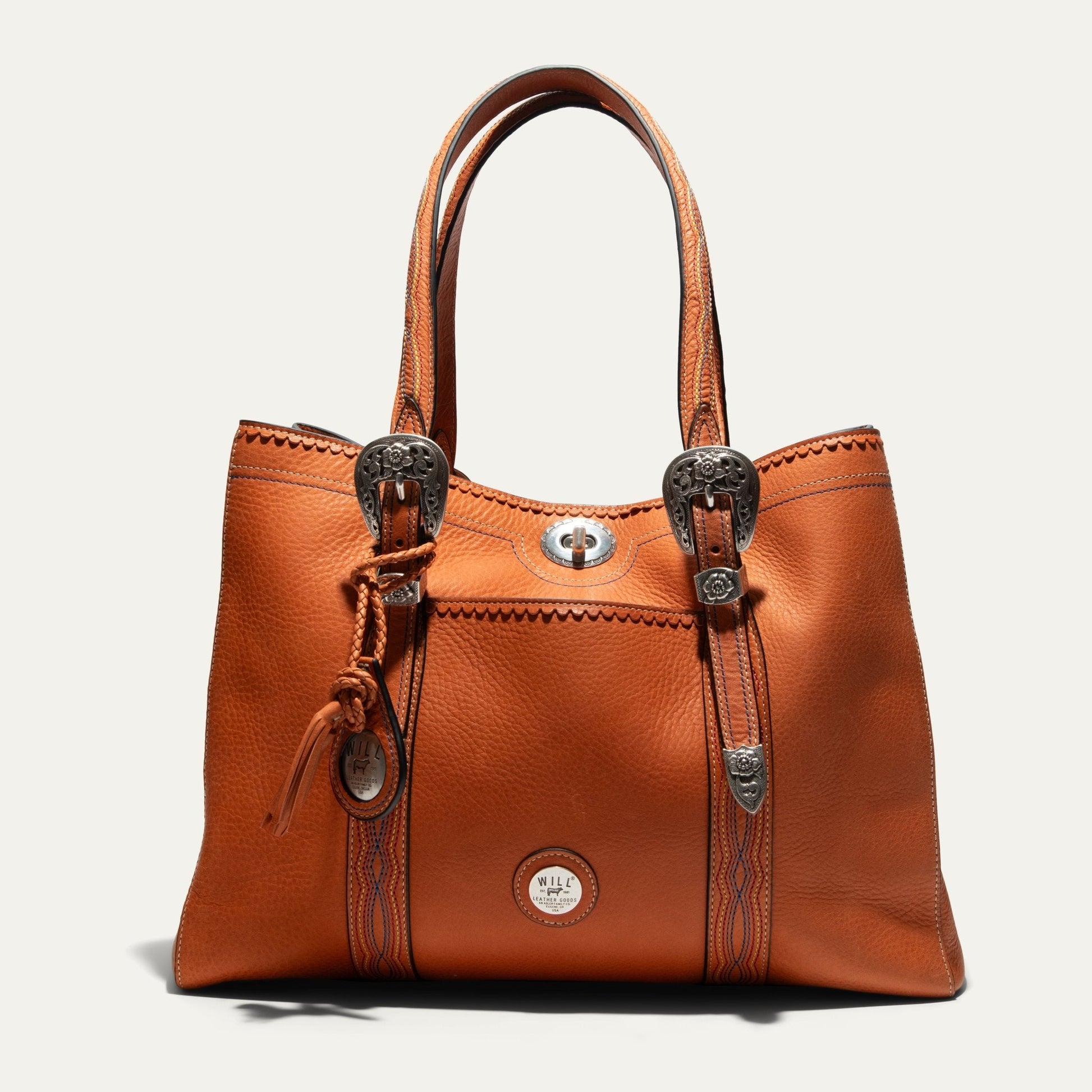 El Paso Work Tote by Will Leather Goods, cognac leather with braided straps and conchos on Tampa Home & Garden Store