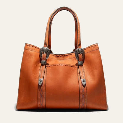 El Paso Work Tote, tan pebbled leather with decorative silver buckles on Tampa Home & Garden Store