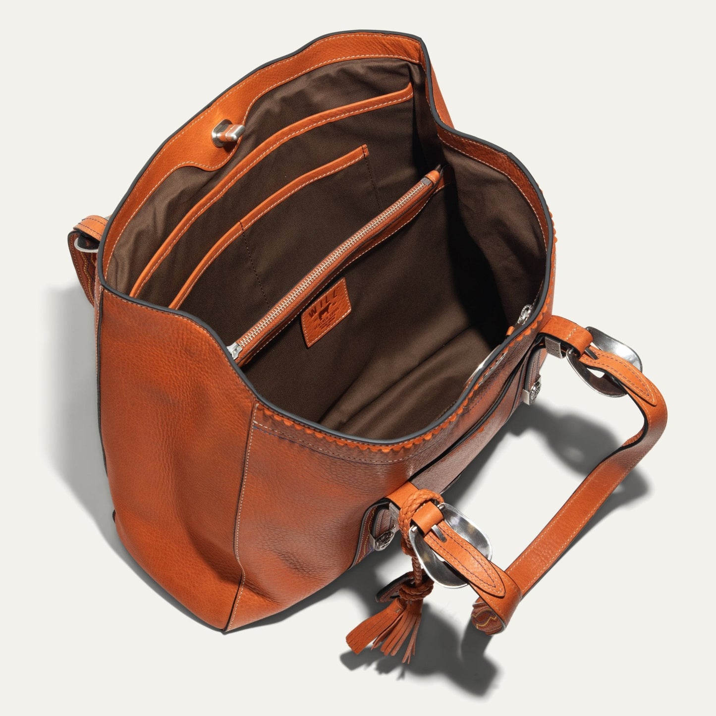 El Paso Work Tote by Will Leather Goods, orange leather tote with brown lining and zip pocket on Tampa Home & Garden Store