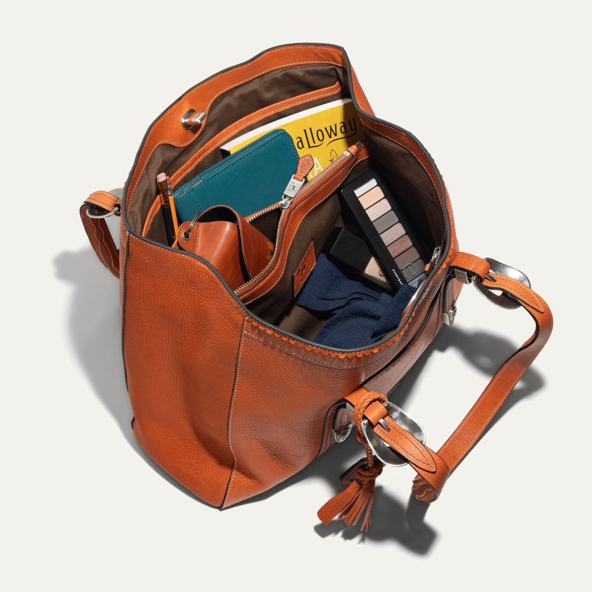 El Paso Work Tote by Will Leather Goods orange leather tote with teal cardholder inside on Tampa Home & Garden Store
