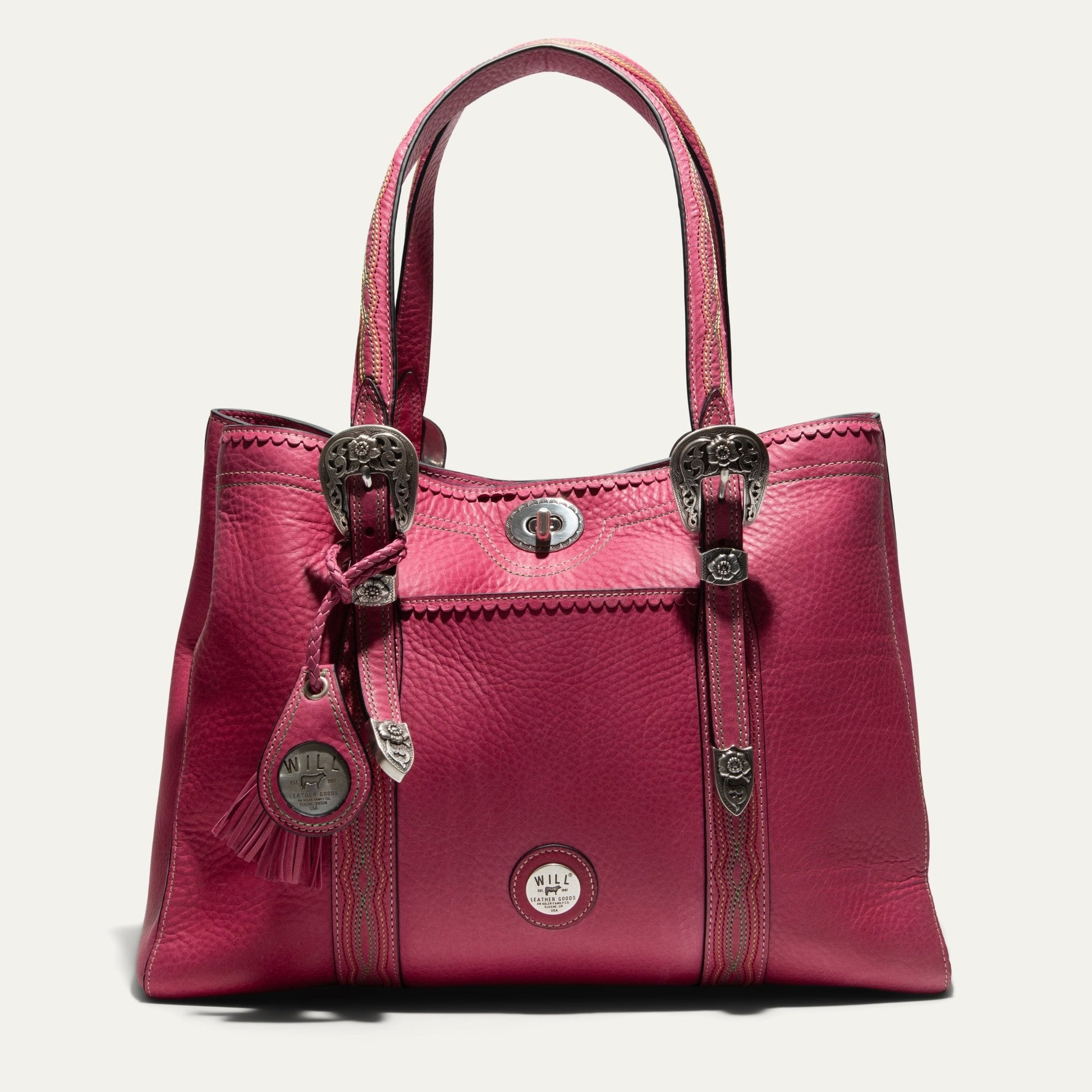 El Paso Work Tote by Will Leather Goods in magenta leather with metal buckle hardware on Tampa Home & Garden Store