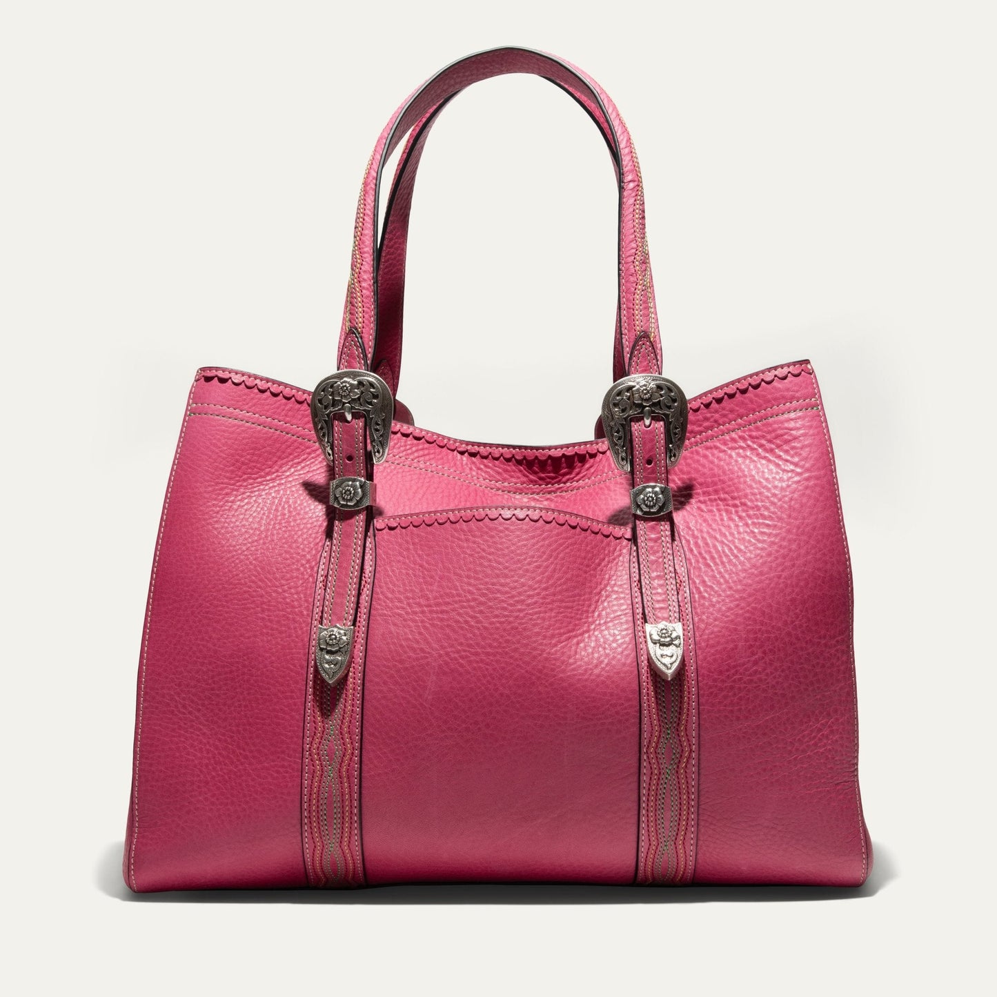 El Paso Work Tote by Will Leather Goods in pink pebbled leather with ornate metal buckles on Tampa Home & Garden Store