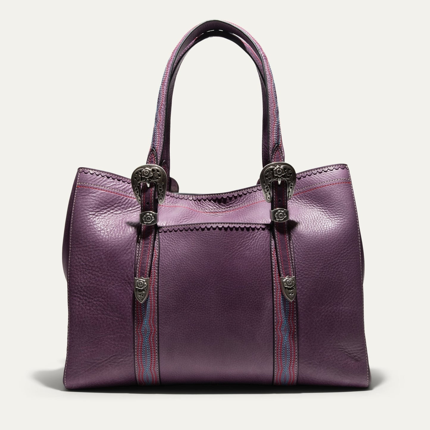 El Paso Work Tote by Will Leather Goods, purple leather tote with two handles and floral buckles on Tampa Home & Garden Store