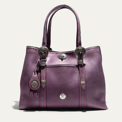 El Paso Work Tote by Will Leather Goods, purple leather tote with decorative buckles on Tampa Home & Garden Store
