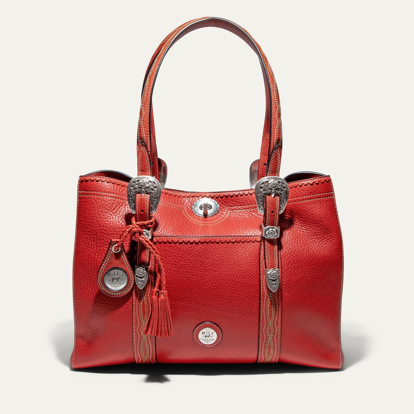El Paso Work Tote red leather bag with silver conchos and topstitching by Will Leather Goods on Tampa Home & Garden Store