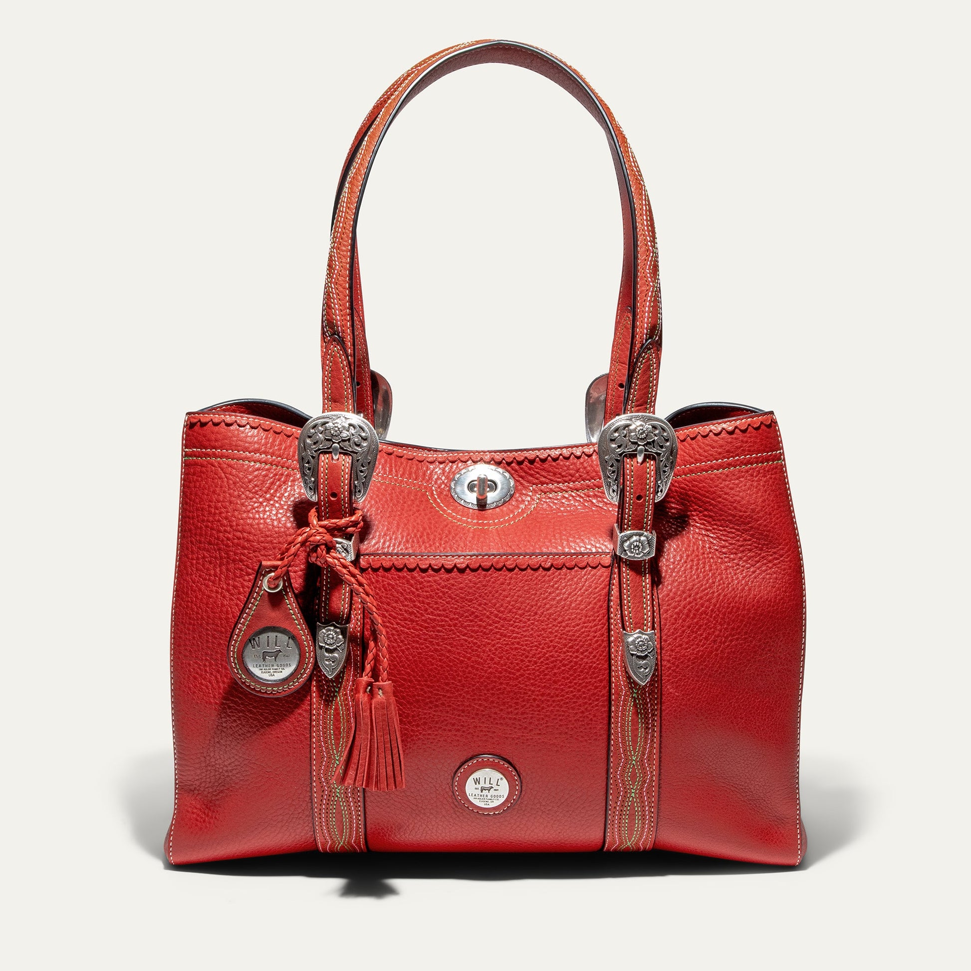 El Paso Work Tote red leather bag with silver conchos and topstitching by Will Leather Goods on Tampa Home & Garden Store