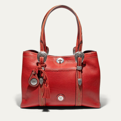 El Paso Work Tote red leather bag with silver conchos and topstitching by Will Leather Goods on Tampa Home & Garden Store