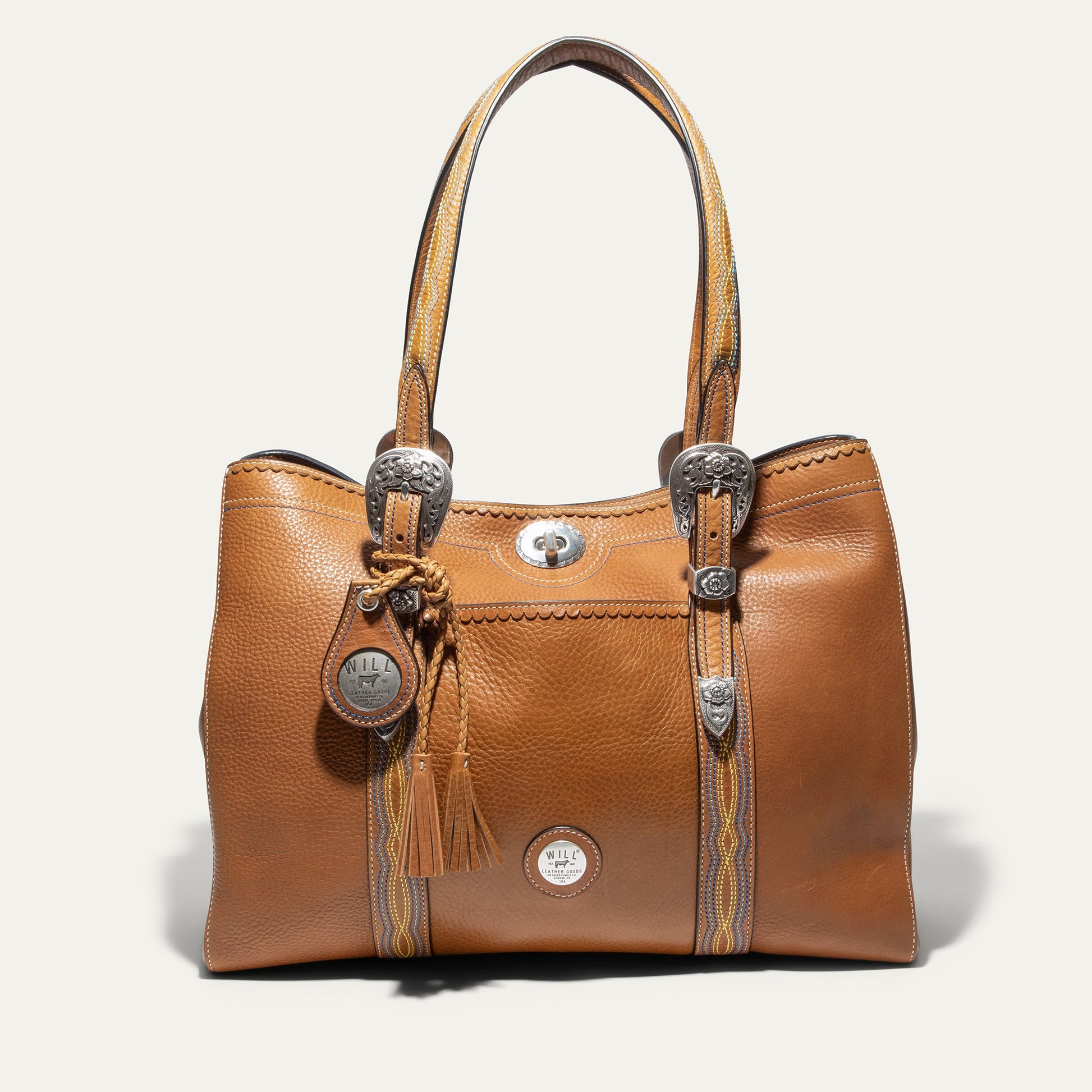 El Paso Work Tote by Will Leather Goods, tan leather tote with tassels and conchos on Tampa Home & Garden Store