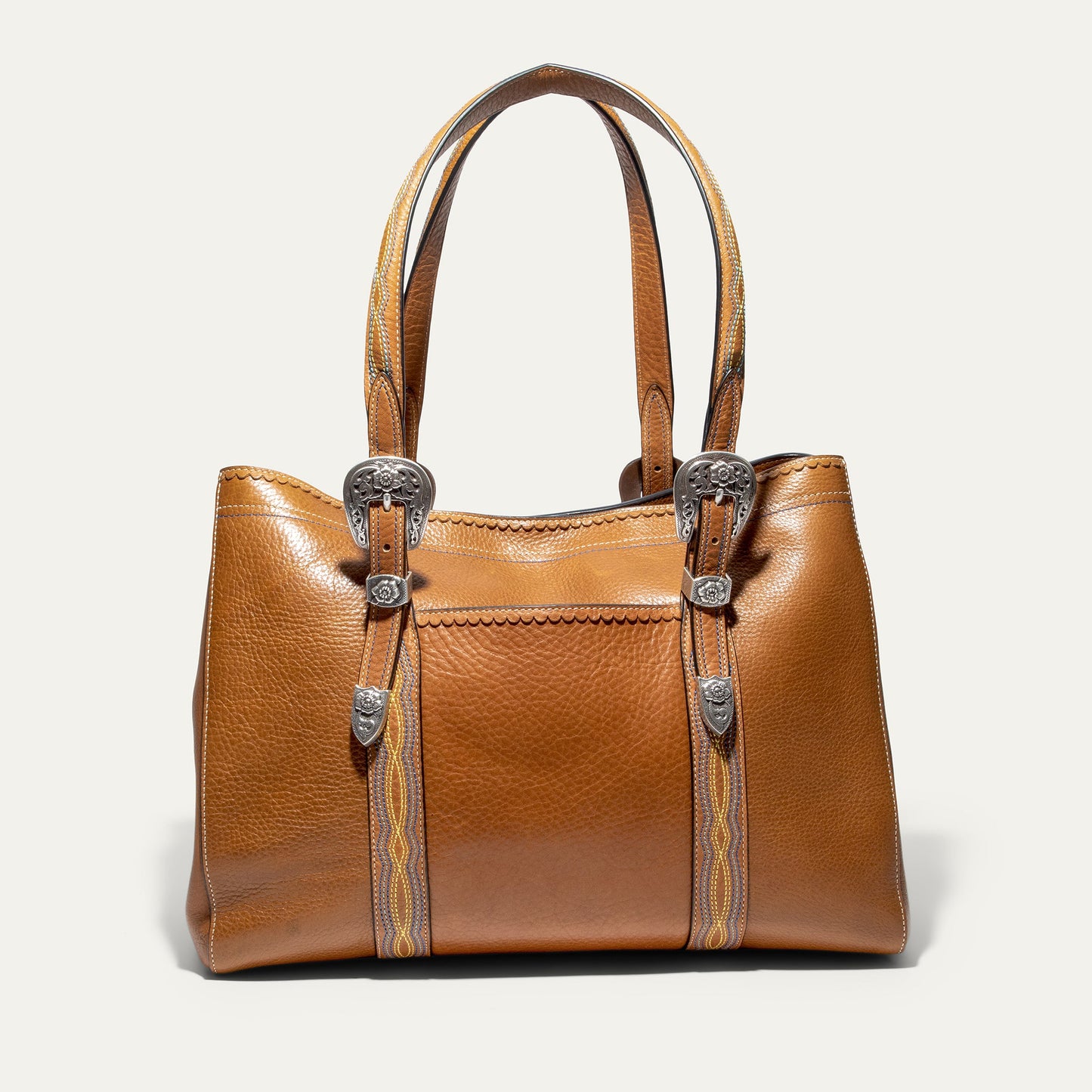 El Paso Work Tote by Will Leather Goods in brown leather with silver concho buckles and handles on Tampa Home & Garden Store