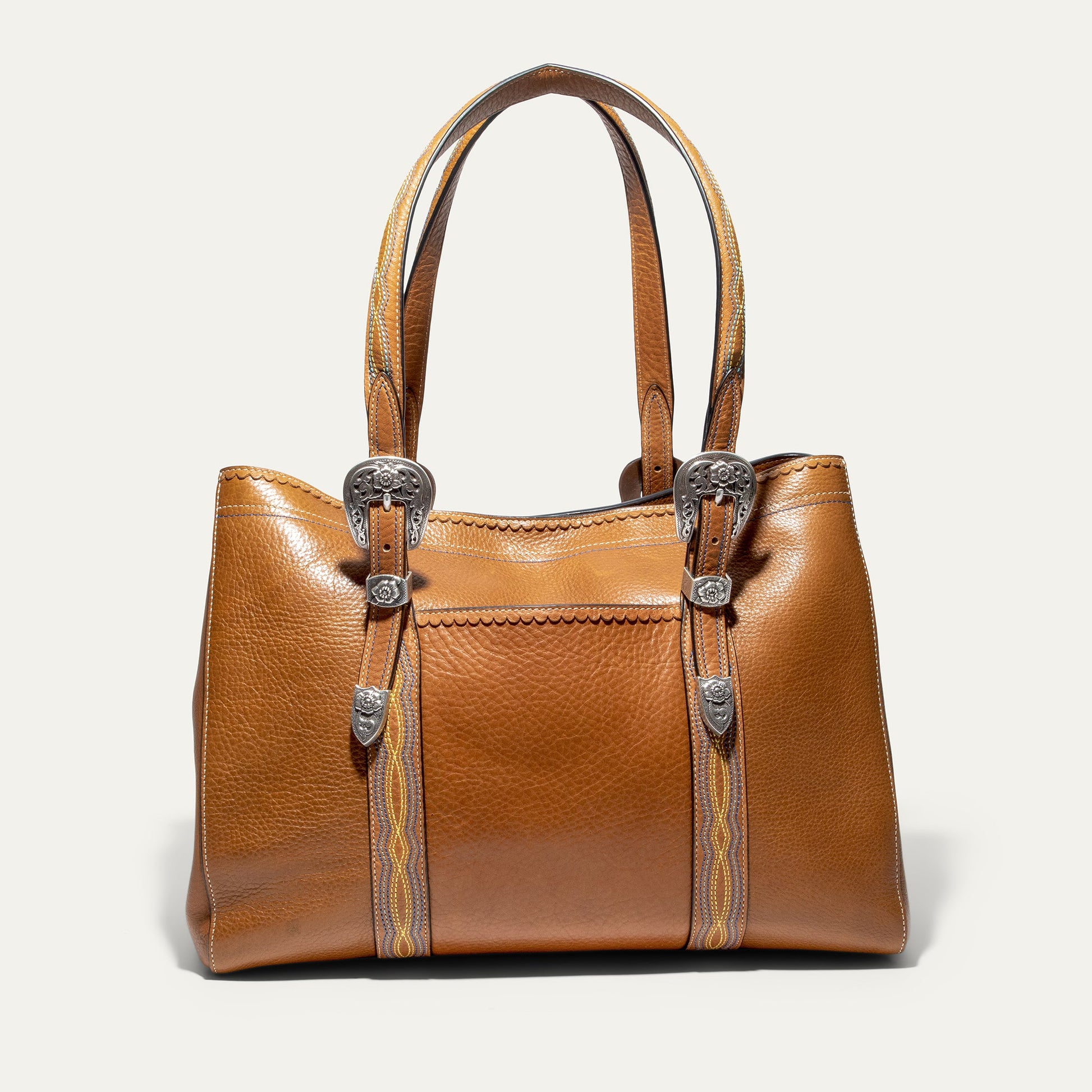 El Paso Work Tote by Will Leather Goods in brown leather with silver concho buckles and handles on Tampa Home & Garden Store