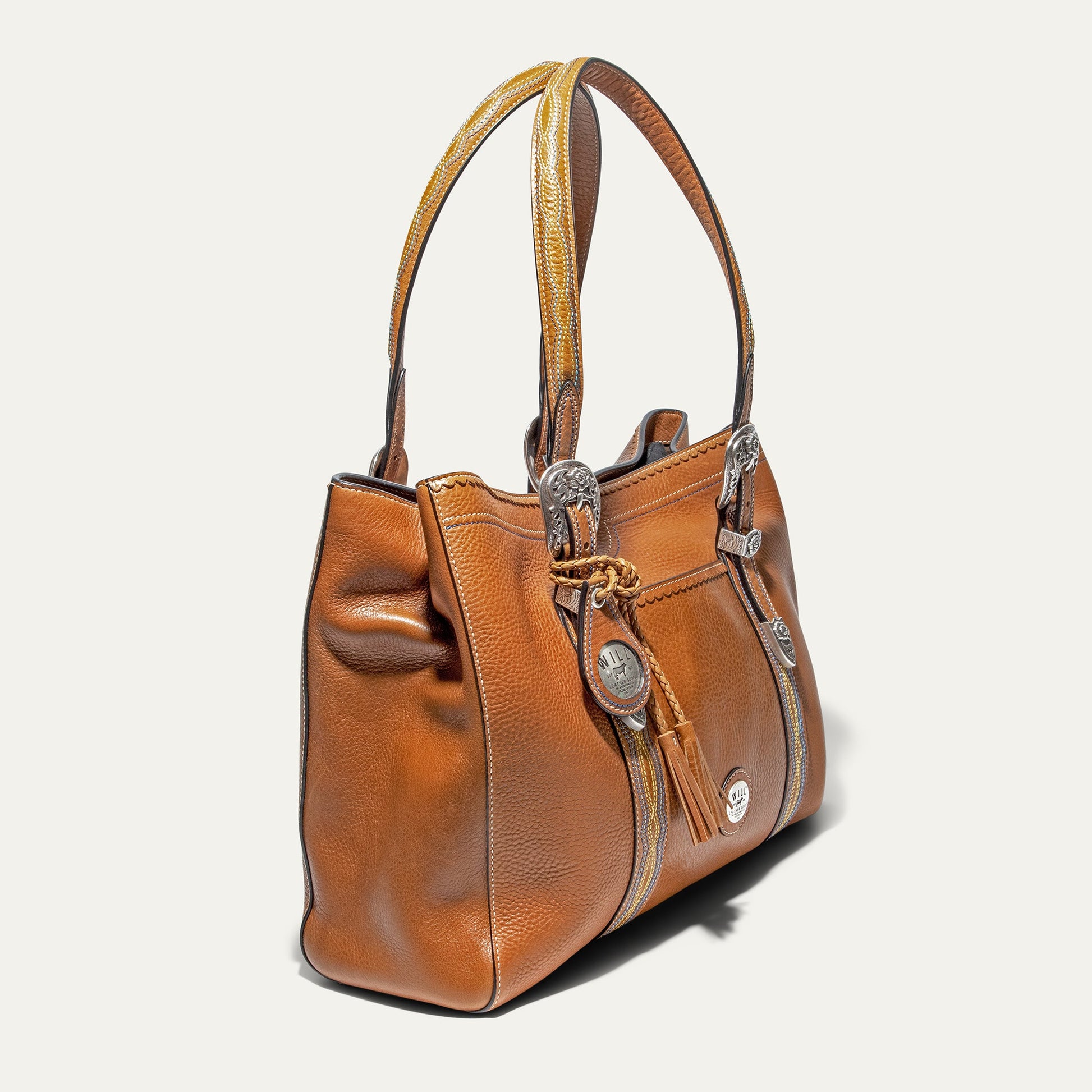 El Paso Work Tote by Will Leather Goods brown leather with braided strap and silver hardware on Tampa Home & Garden Store