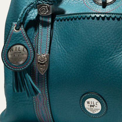 El Paso Work Tote teal leather with braided strap fringe tassels Will Leather Goods badge on Tampa Home & Garden Store
