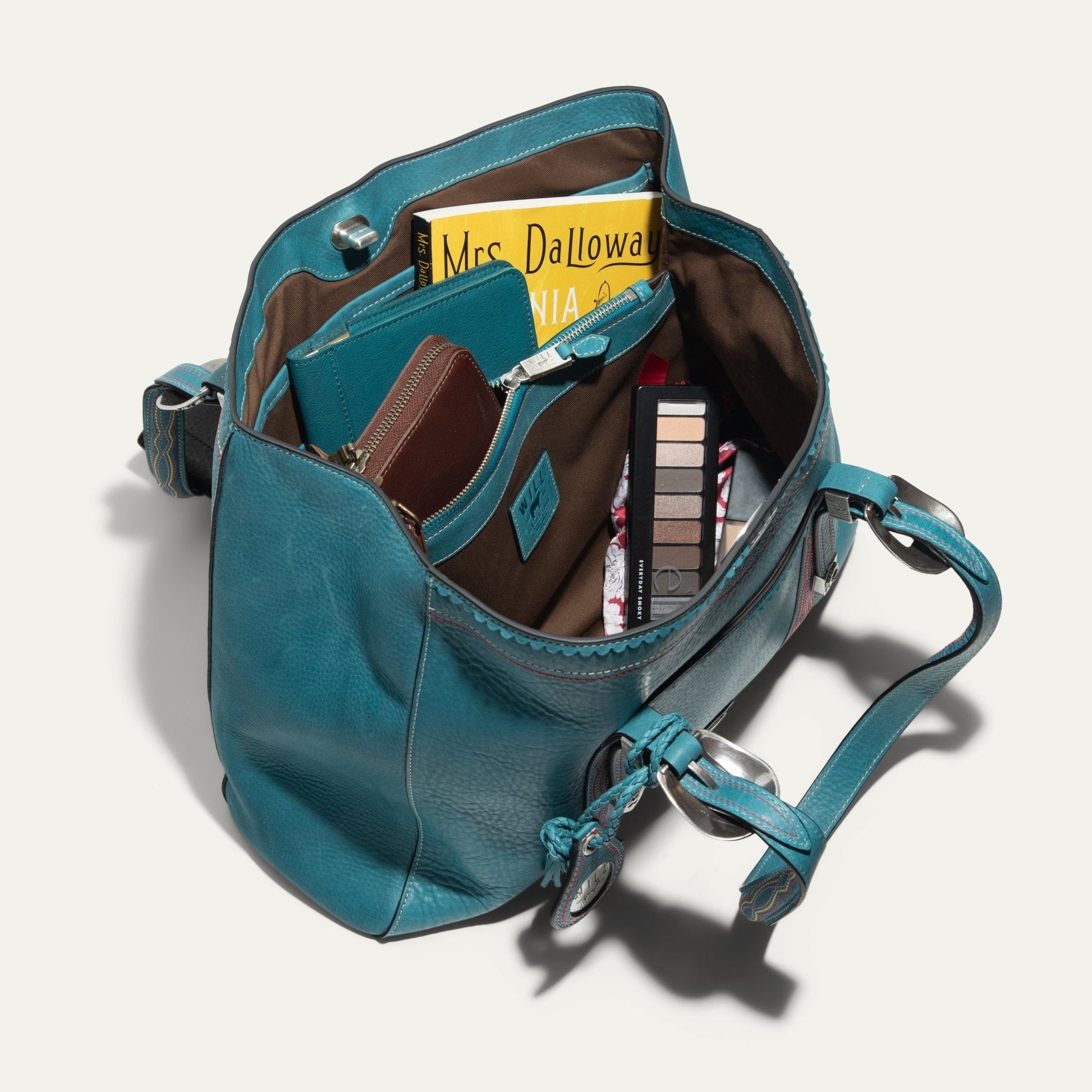 El Paso Work Tote teal leather bag with brown lining on Tampa Home & Garden Store