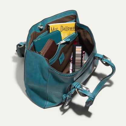 El Paso Work Tote teal leather bag with brown lining on Tampa Home & Garden Store