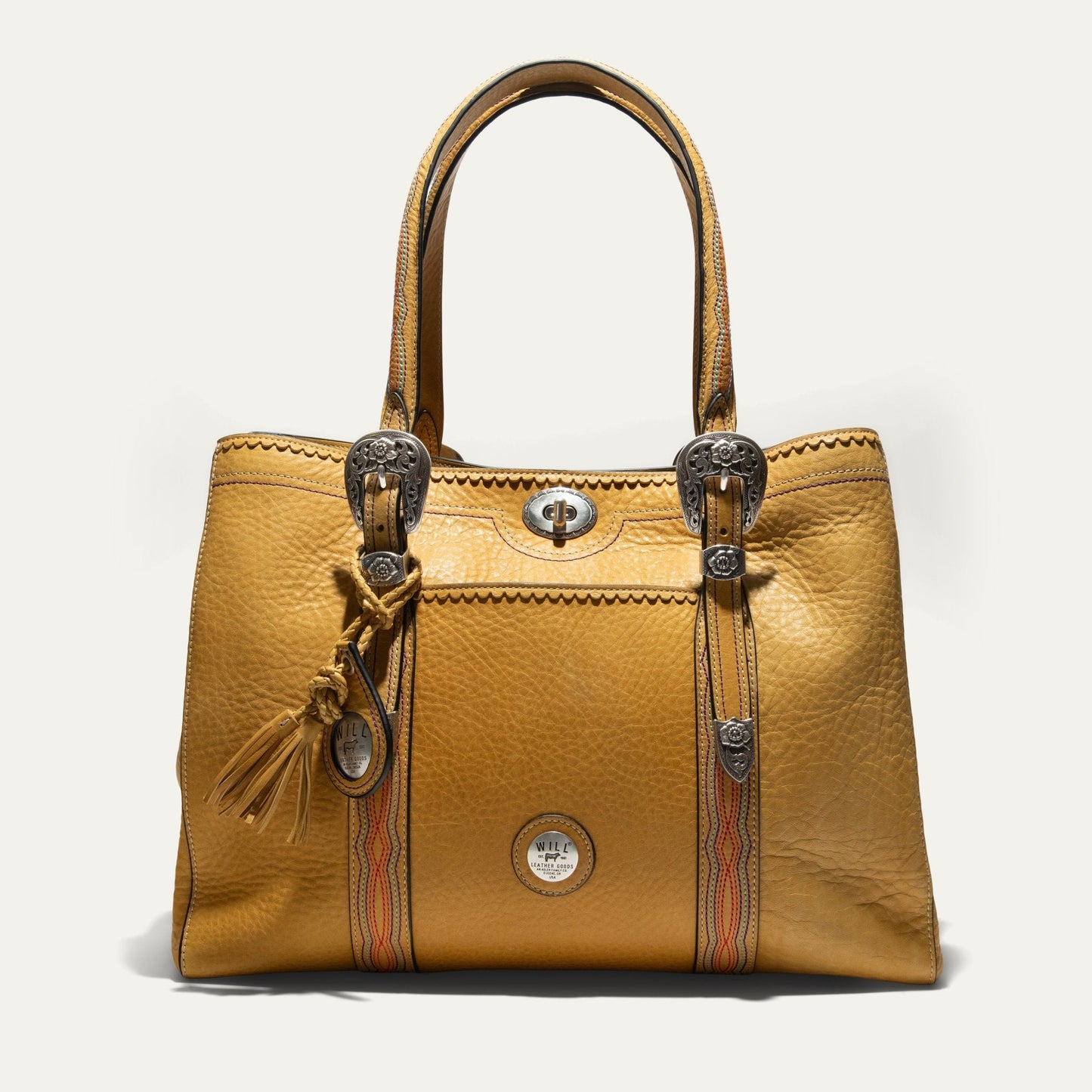 El Paso Work Tote by Will Leather Goods; tan leather with braided strap and silver hardware on Tampa Home & Garden Store