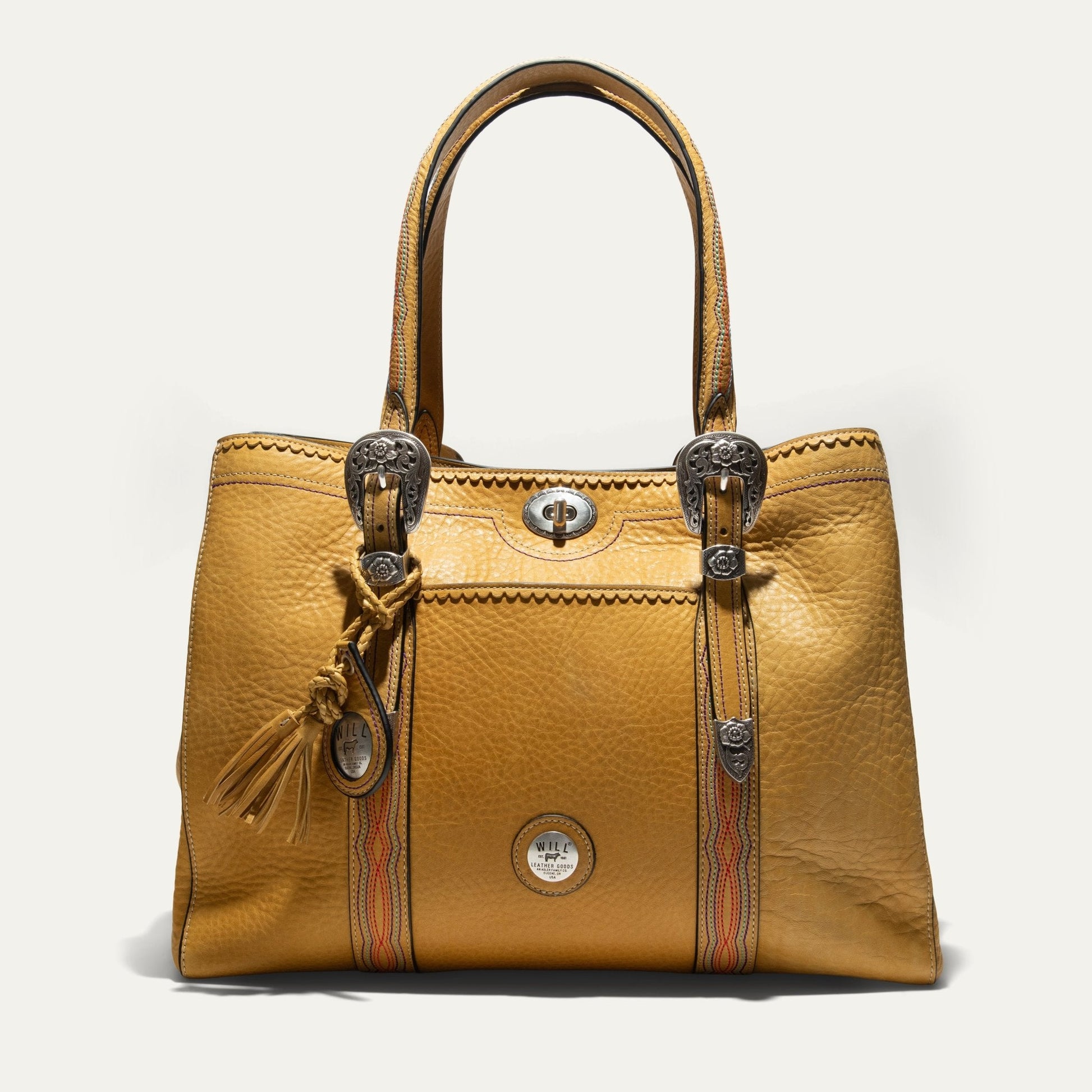 El Paso Work Tote by Will Leather Goods; tan leather with braided strap and silver hardware on Tampa Home & Garden Store