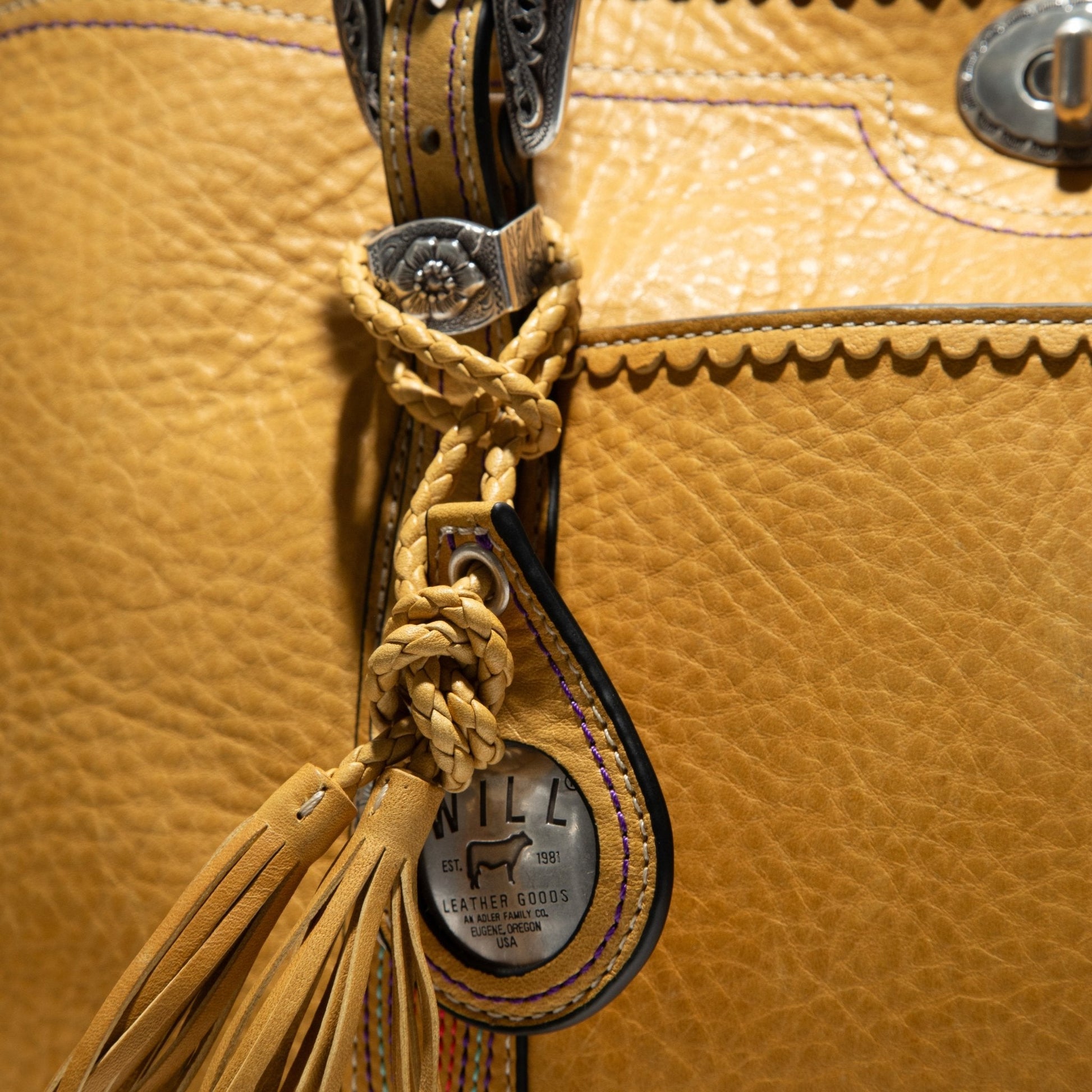 El Paso Work Tote tan leather tote by Will Leather Goods with braided tassel and concho on Tampa Home & Garden Store