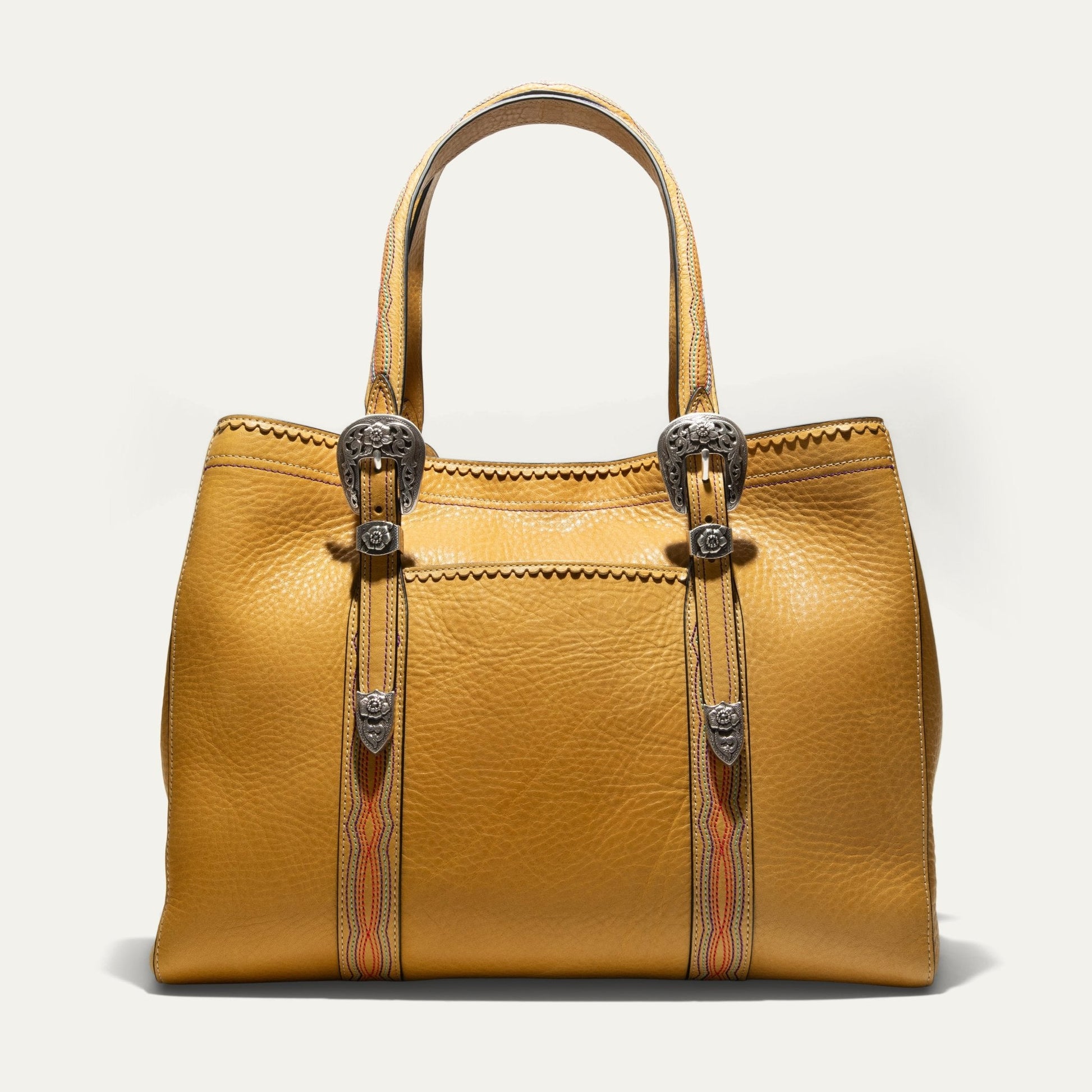 El Paso Work Tote by Will Leather Goods, tan leather tote with ornate metal buckles on Tampa Home & Garden Store