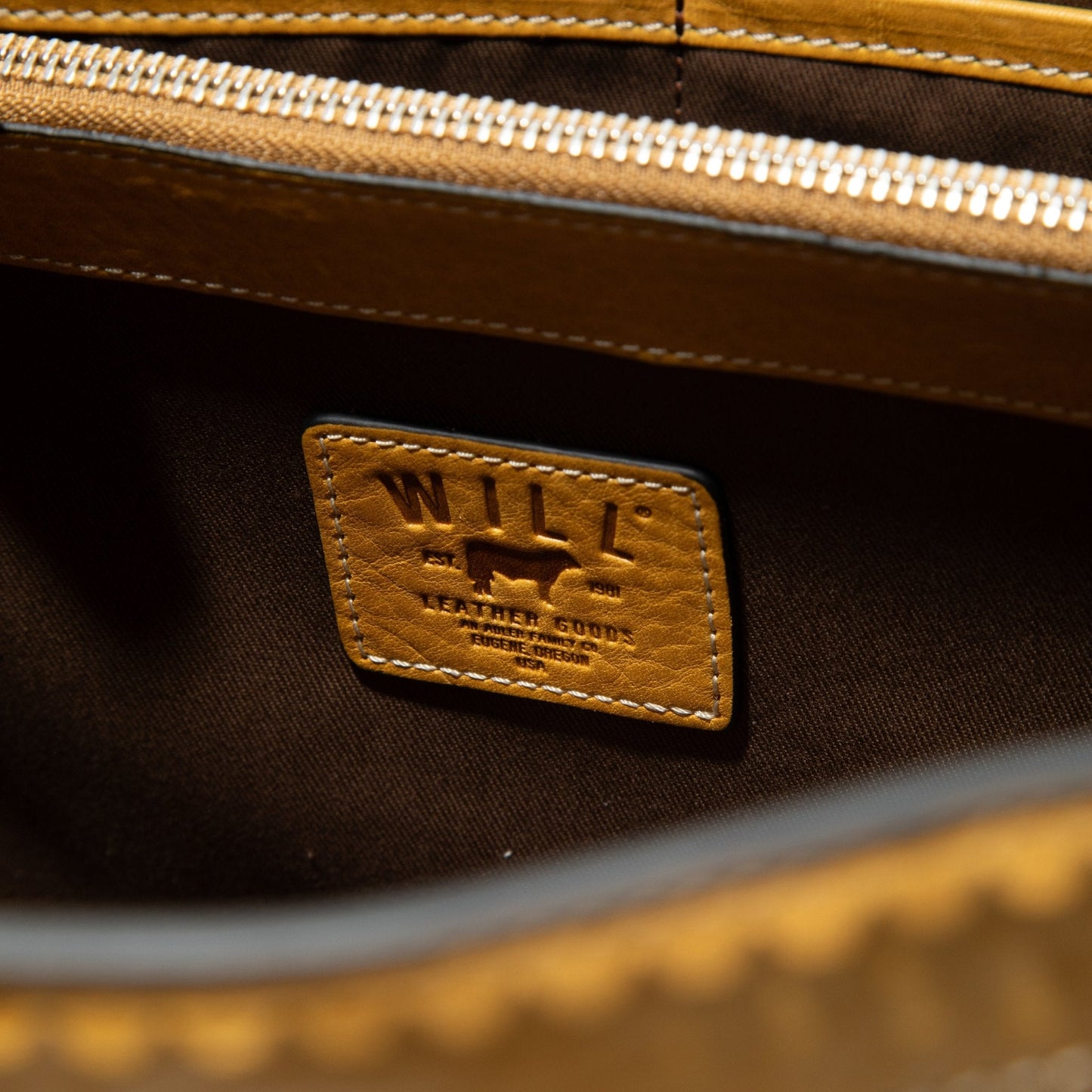 El Paso Work Tote by Will Leather Goods, tan leather with logo patch on Tampa Home & Garden Store