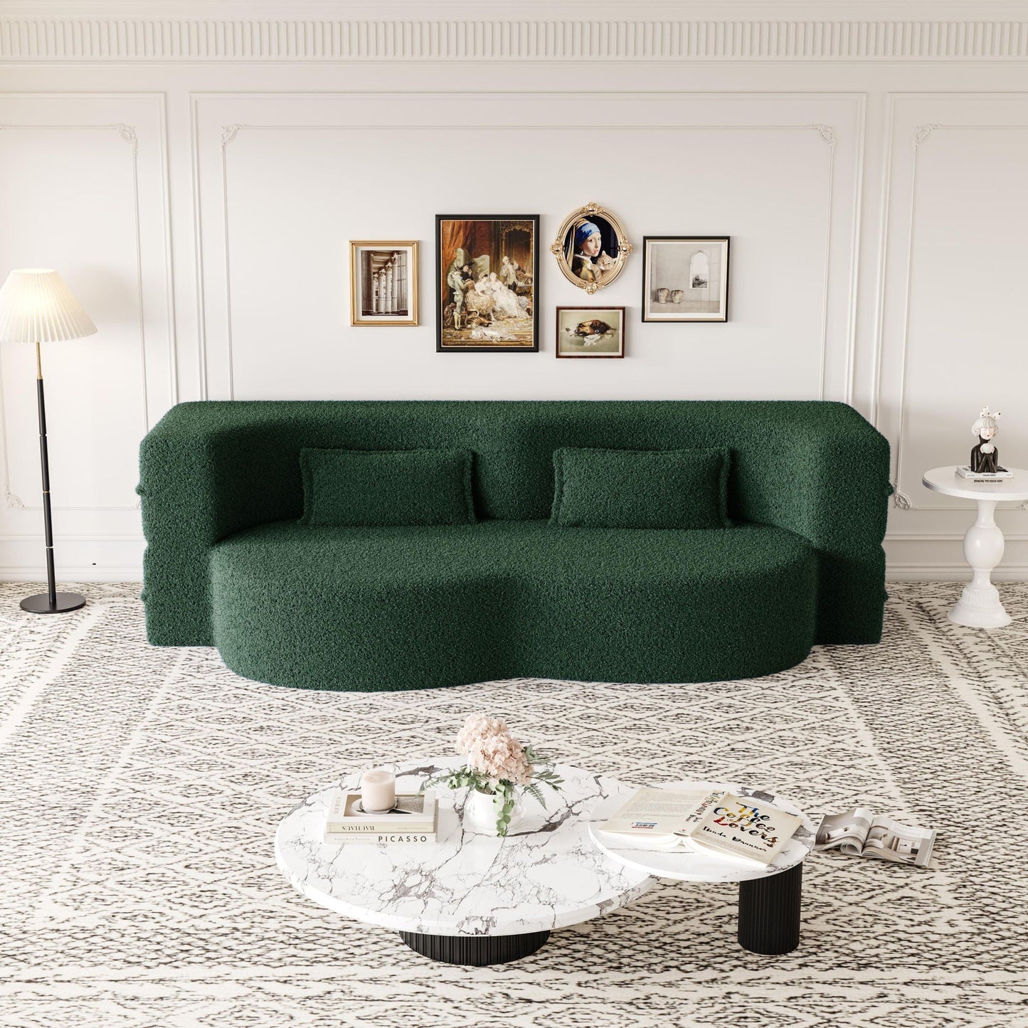 Futon sofa bed in dark green teddy fabric with two foam-filled pillows on Tampa Home & Garden Store