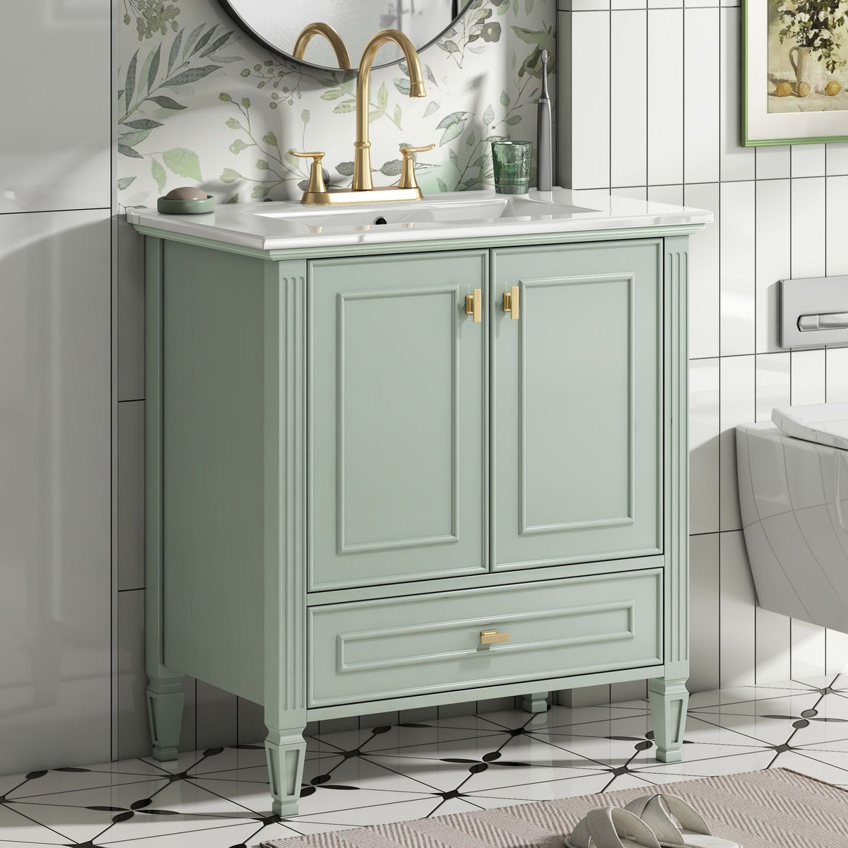 Freestanding vanity with drawer and soft-close doors in seafoam green with gold hardware on Tampa Home & Garden Store