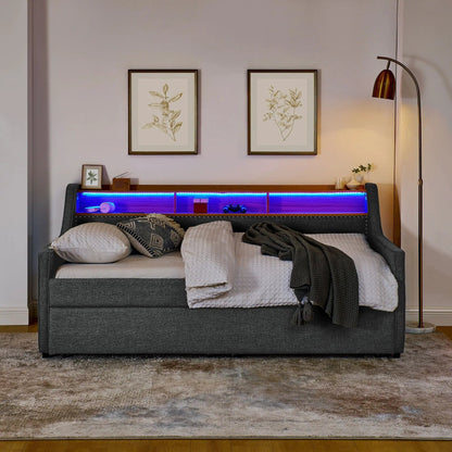 Upholstered storage bed in dark gray fabric with blue LED lighting on Tampa Home & Garden Store