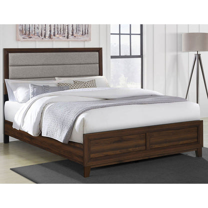 Anza Bed, HouseOfZazla panel bed with dark wood frame and gray upholstered headboard on Tampa Home & Garden Store